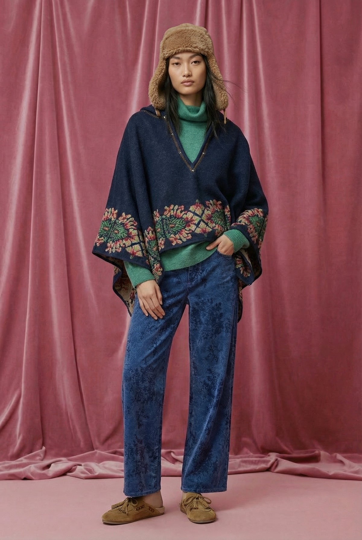 Cape broderies fleurs Chiara - Denim