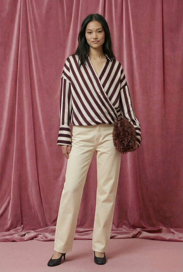 Blouse cache-cœur Isadora - Rayures Roses et Bordeaux
