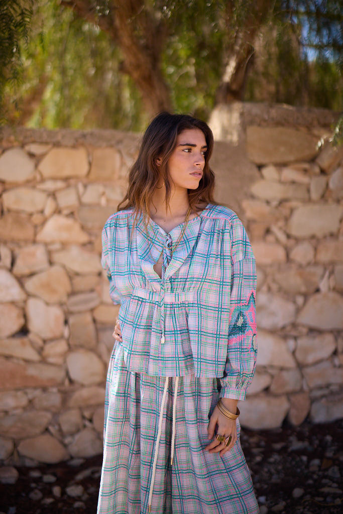 Blouse Kavya - Carreaux Bleu et Rose