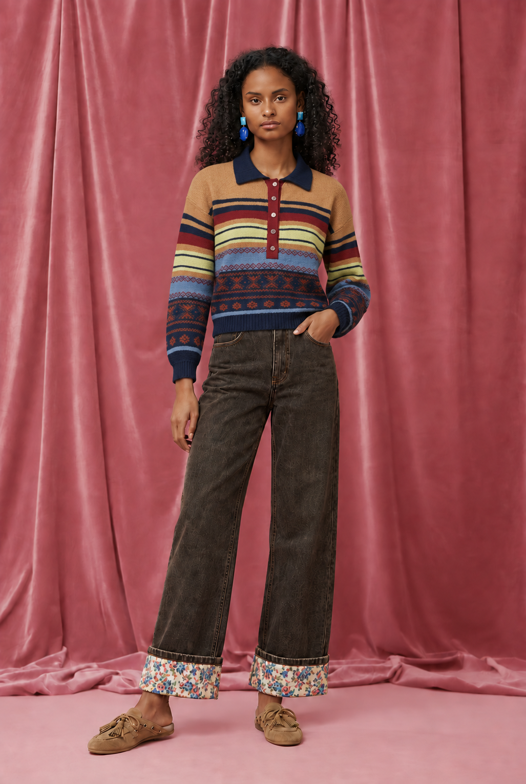 Pantalon à revers fleuris Amalia - Chocolat