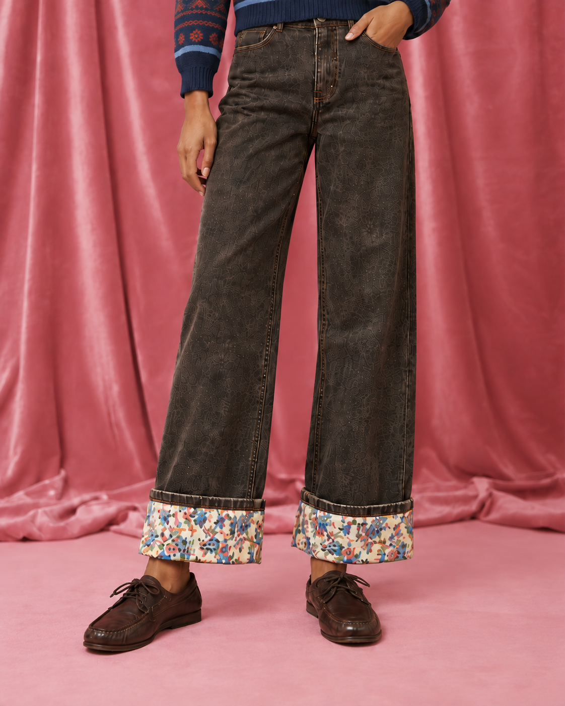 Pantalon à revers fleuris Amalia - Chocolat
