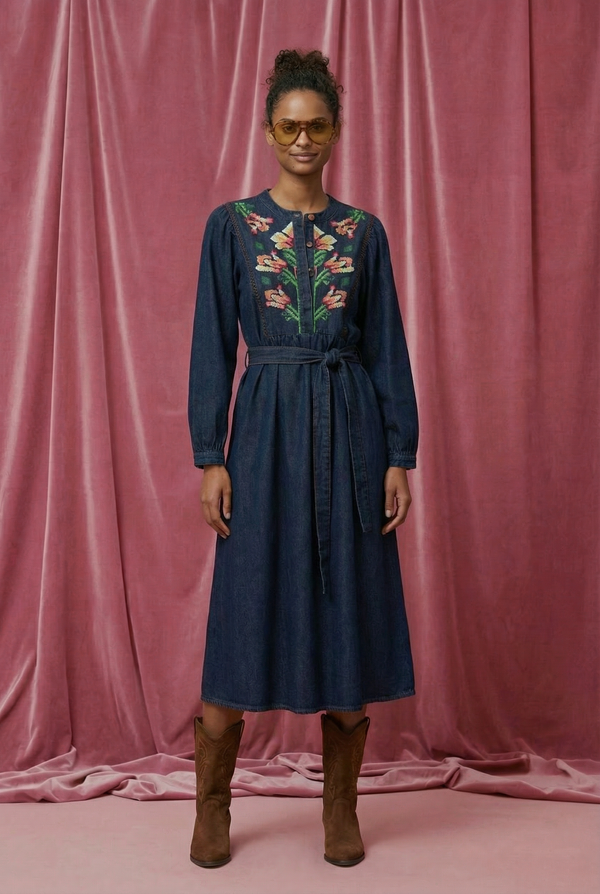 Robe broderies fleurs Violette - Denim